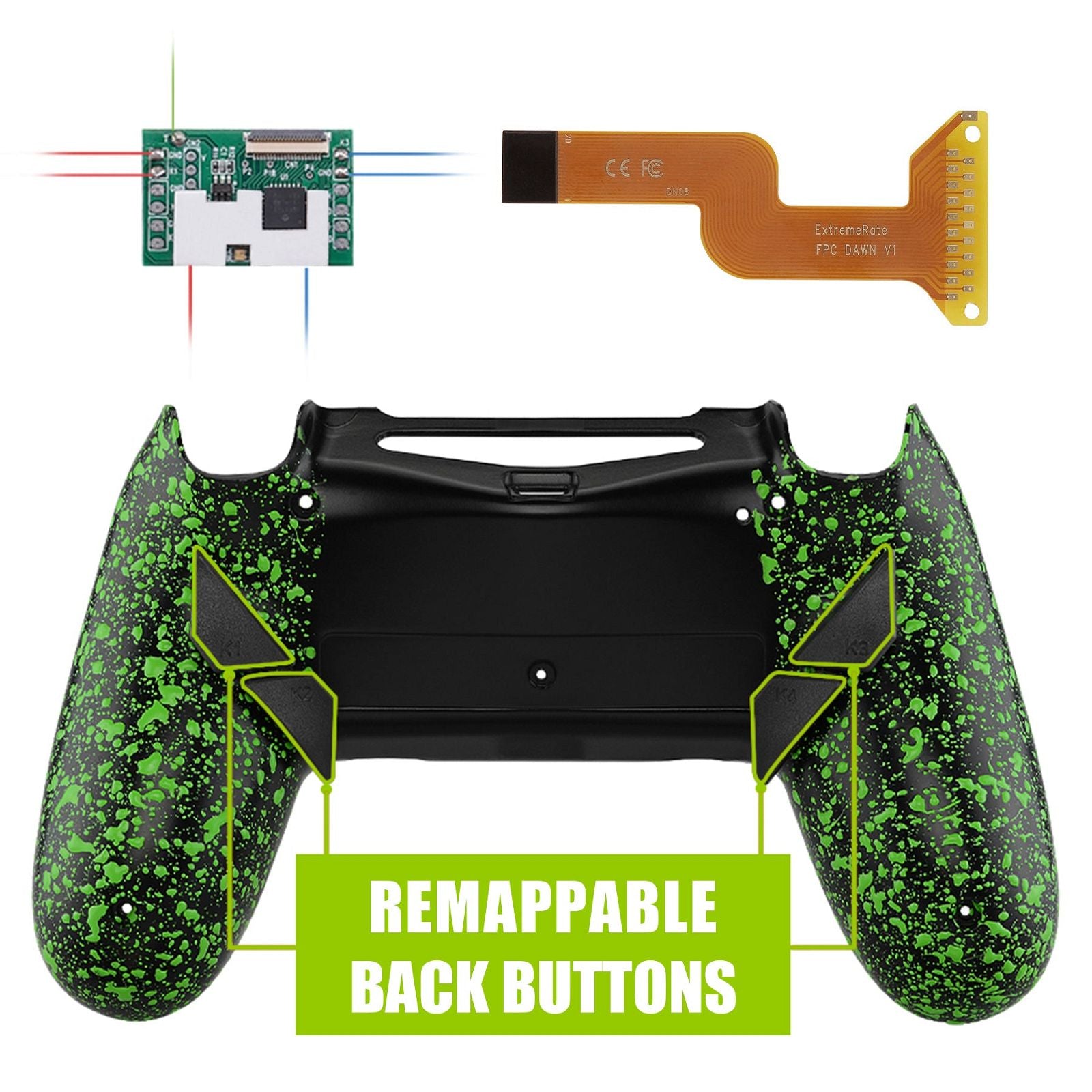 3D Splashing Rubberized Green Dawn Remap Kit with Custom PCB + Back shell  +4 Back Buttons Compatible With PS4 JDM-040 /JDM-050 /JDM-055  Controller-P4RM010