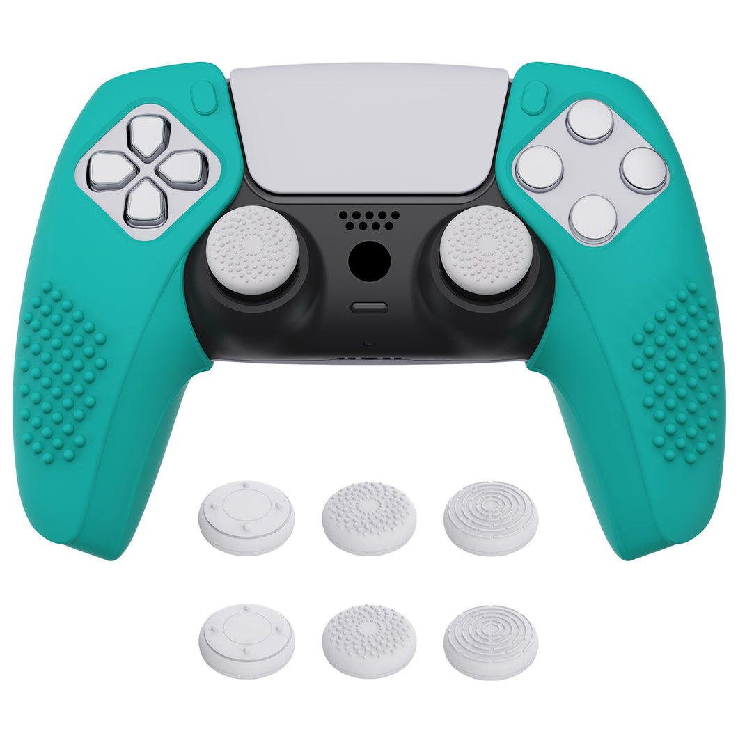3D Studded Edition Aqua Green Silicone Case Grips With 6 White Thumbstick Caps For PS5 Controller-Compatible With Charging Station-TDPF020