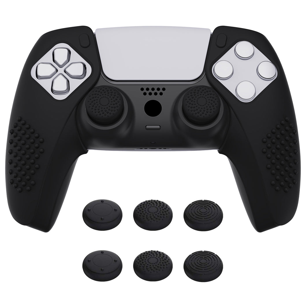 3D Studded Edition Black Silicone Case Grips With 6 Black Thumbstick Caps For PS5 Controller-Compatible With Charging Station-TDPF015