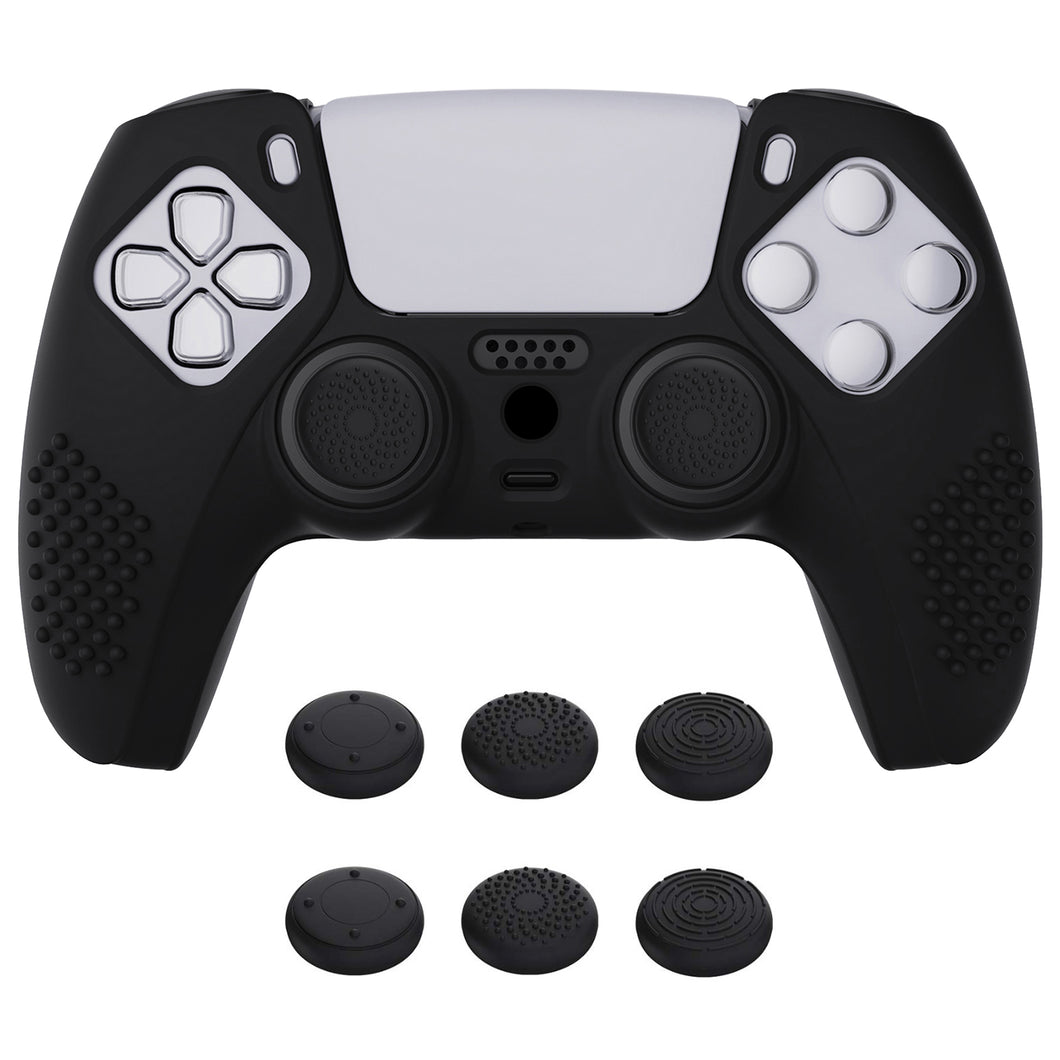 3D Studded Edition Black Silicone Case Skin With 6 Black Thumb Grip Caps For PS5 Controller-TDPF001