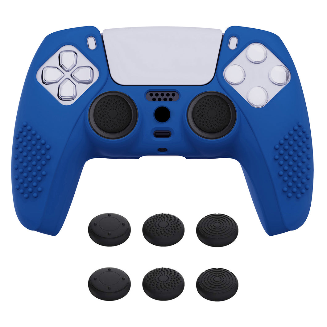 3D Studded Edition Deep Blue Silicone Case Skin With 6 Black Thumb Grip Caps For PS5 Controller-TDPF008