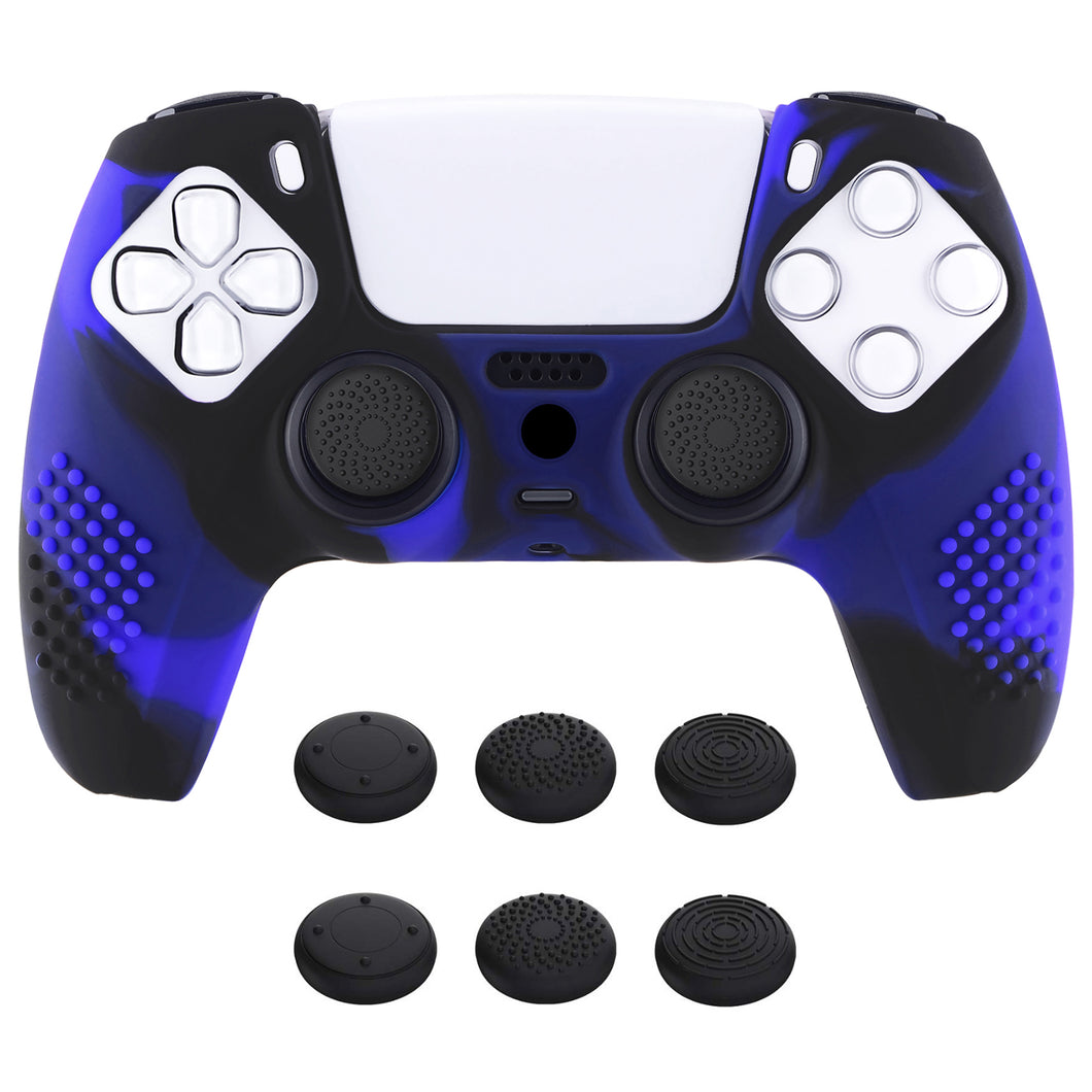3D Studded Edition Blue & Black Silicone Case Skin With 6 Black Thumb Grip Caps For PS5 Controller-TDPF023