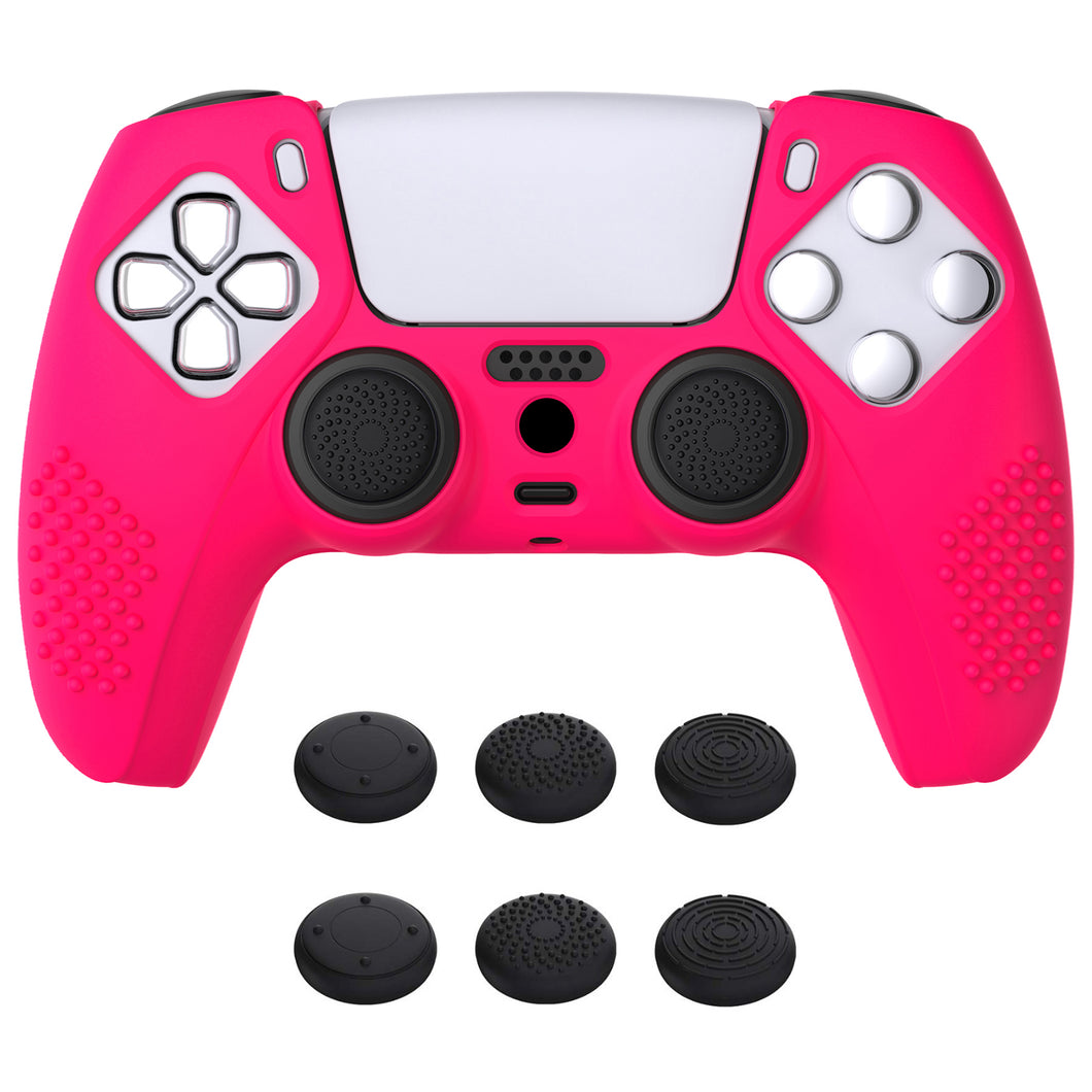 3D Studded Edition Bright Pink Silicone Case Skin With 6 Black Thumb Grip Caps For PS5 Controller-TDPF025