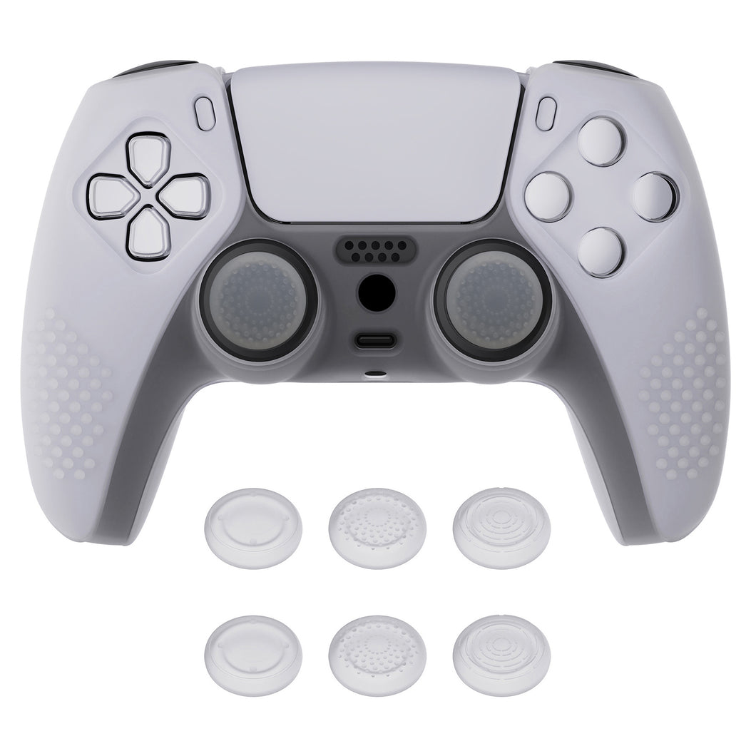 3D Studded Edition Clear White Silicone Case Skin With 6 White Thumb Grip Caps For PS5 Controller-TDPF012
