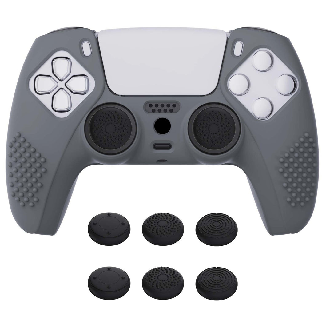 3D Studded Edition Gray Silicone Case Skin With 6 Black Thumb Grip Caps For PS5 Controller-TDPF006