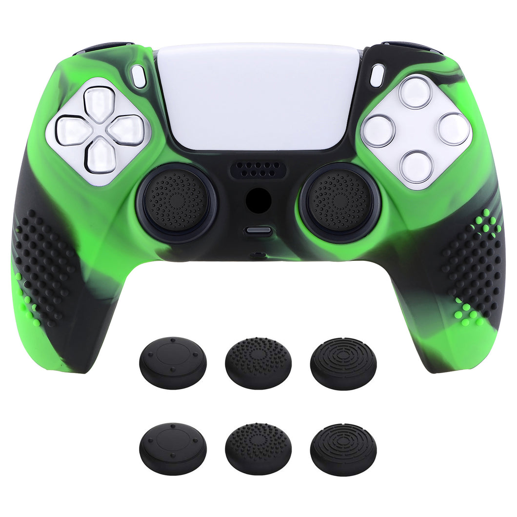 3D Studded Edition Green & Black Silicone Case Skin With 6 Black Thumb Grip Caps For PS5 Controller-TDPF024