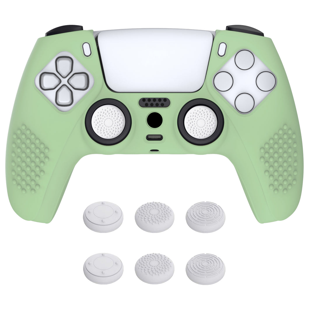 3D Studded Edition Matcha Green Silicone Case Skin With 6 White Thumb Grip Caps For PS5 Controller-TDPF028
