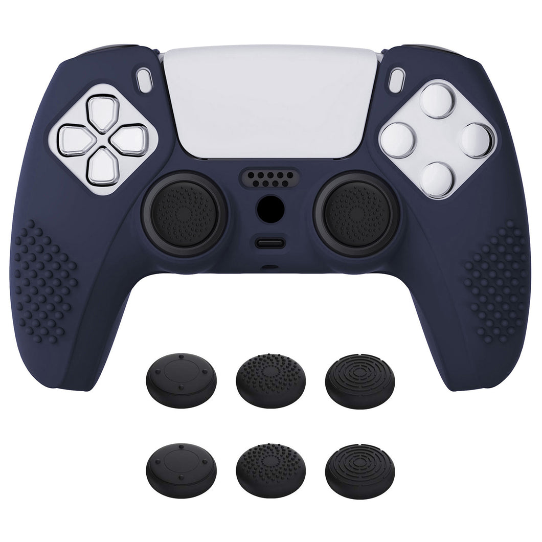 3D Studded Edition Midnight Blue Silicone Case Skin With 6 Black Thumb Grip Caps For PS5 Controller-TDPF003