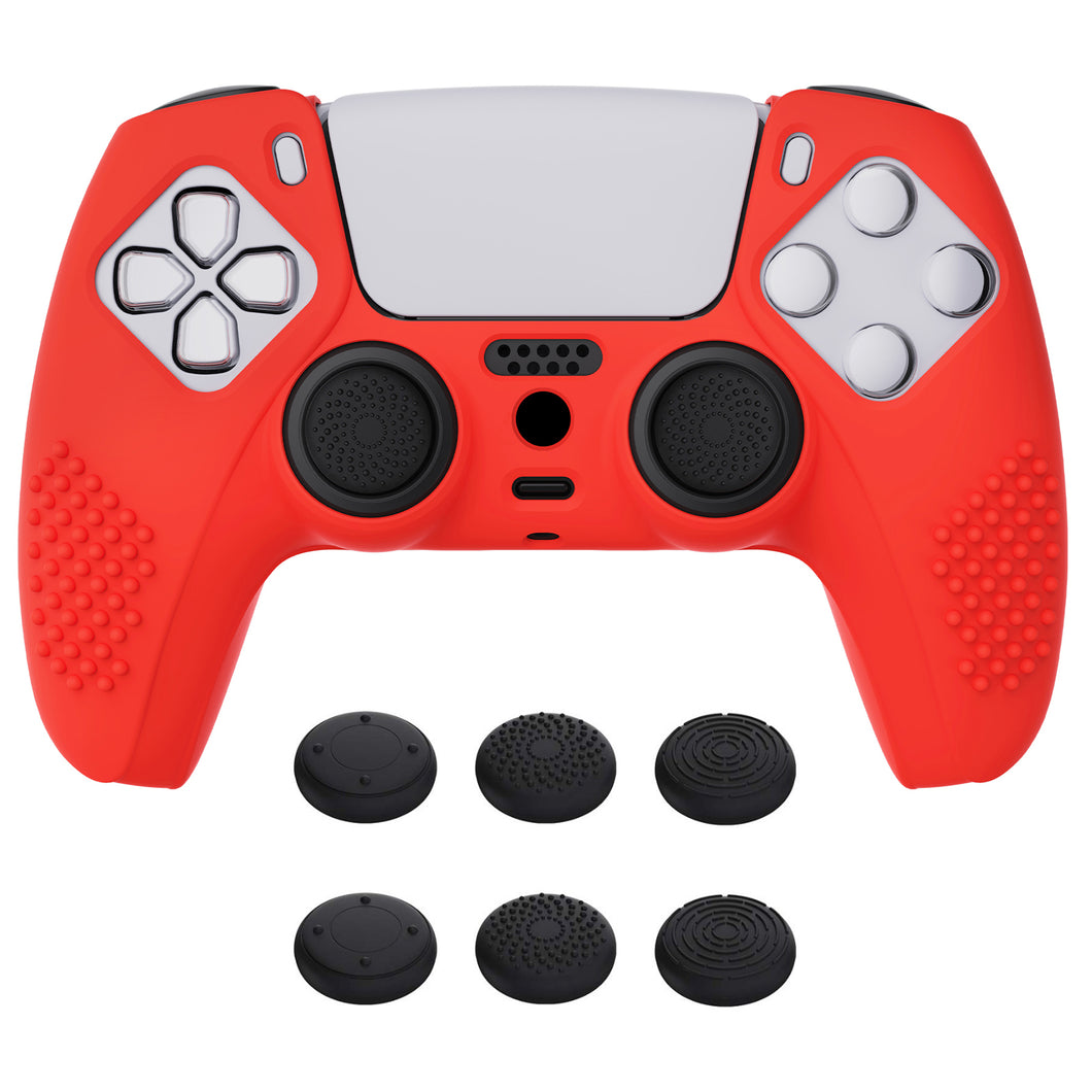 3D Studded Edition Passion Red Silicone Case Skin With 6 Black Thumb Grip Caps For PS5 Controller-TDPF014