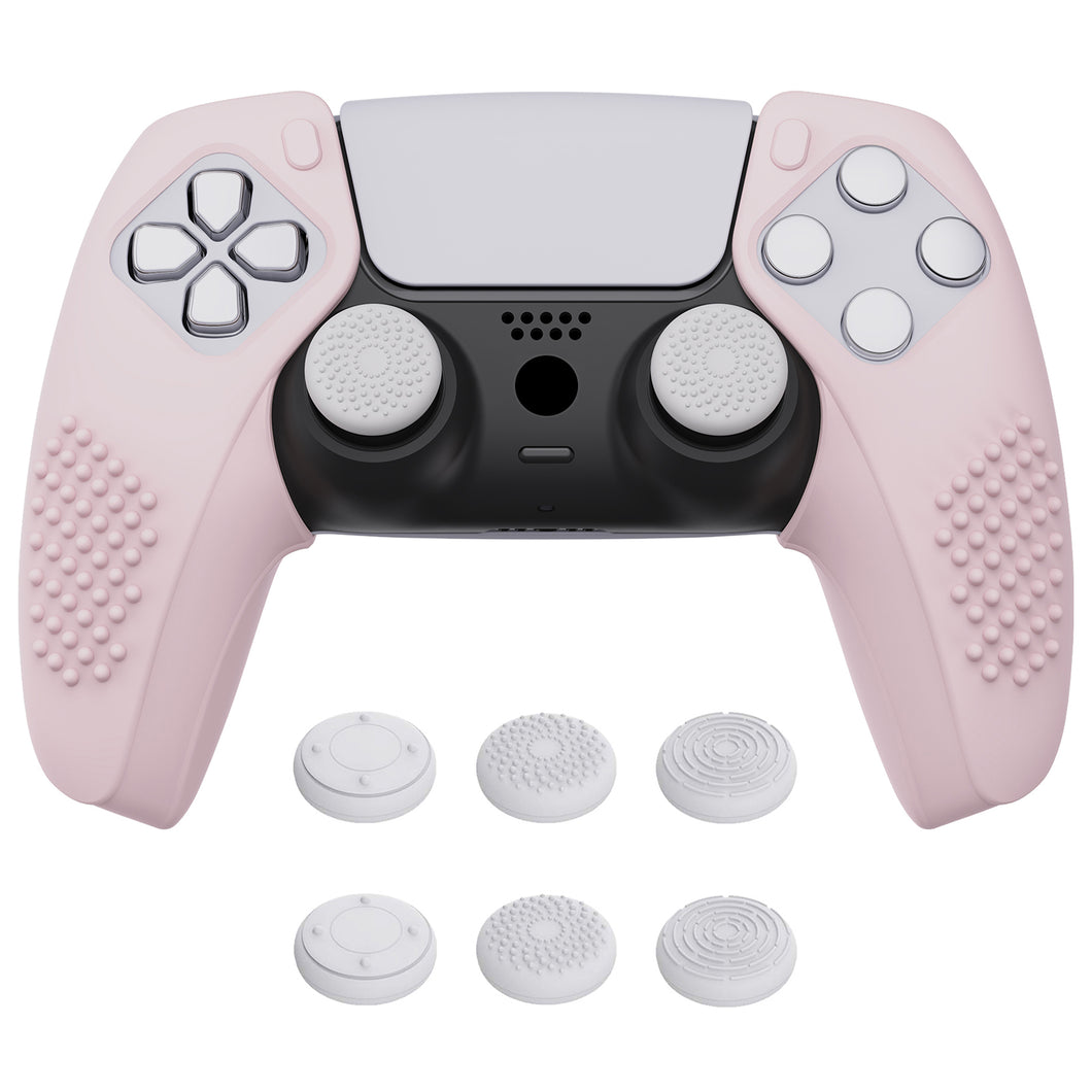 3D Studded Edition Cherry Blossoms Pink Silicone Case Grips With 6 White Thumbstick Caps For PS5 Controller-Compatible With Charging Station-TDPF017