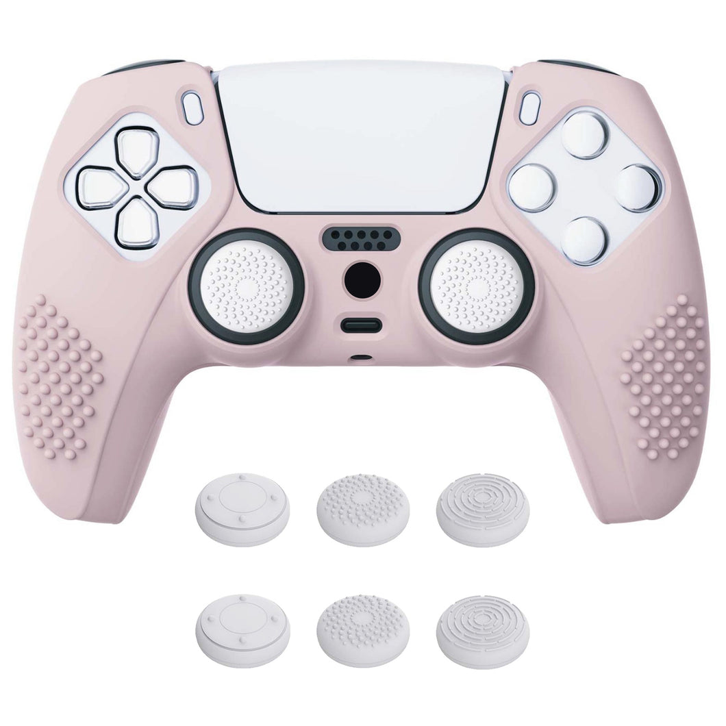 3D Studded Edition Cherry Blossoms Pink Silicone Case Skin With 6 White Thumb Grip Caps For PS5 Controller-TDPF005