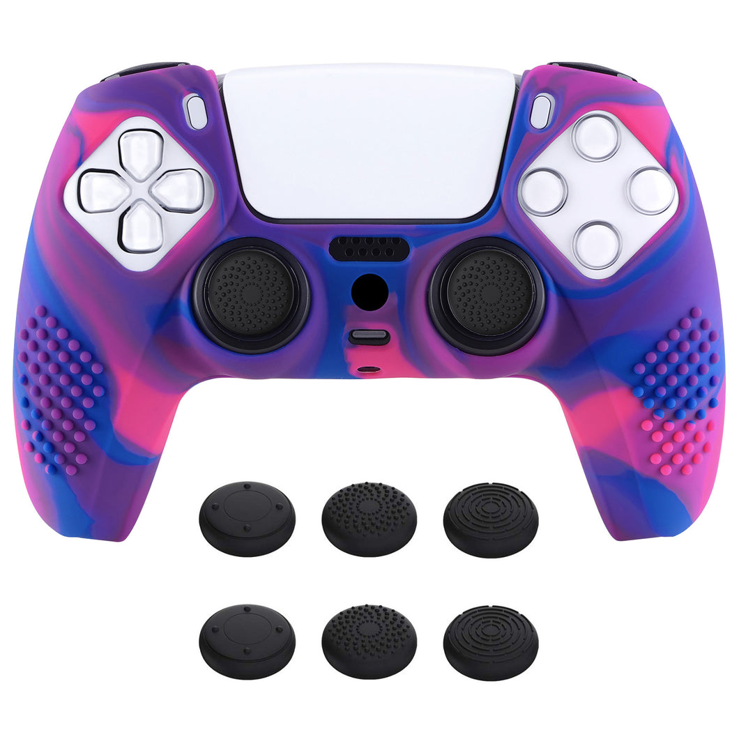 3D Studded Edition Pink & Purple & Blue Silicone Case Skin With 6 Black Thumb Grip Caps For PS5 Controller-TDPF021
