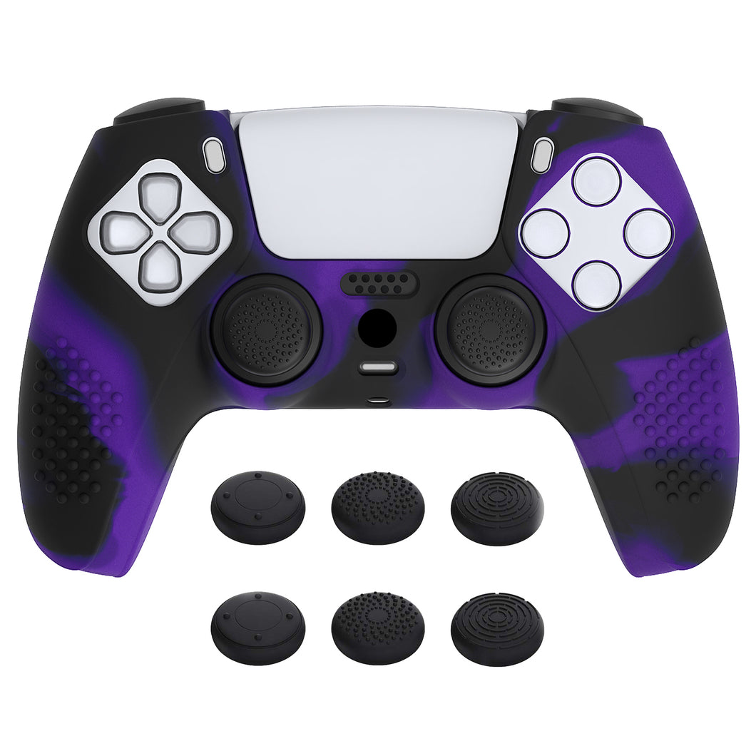 3D Studded Edition Purple & Black Silicone Case Skin With 6 Black Thumb Grip Caps For PS5 Controller-TDPF035