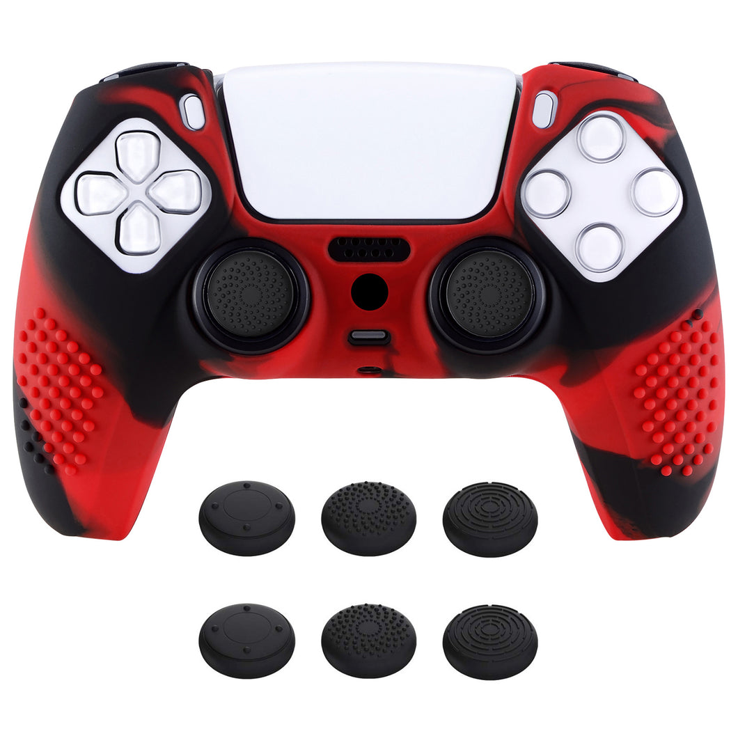 3D Studded Edition Red & Black Silicone Case Skin With 6 Black Thumb Grip Caps For PS5 Controller-TDPF022
