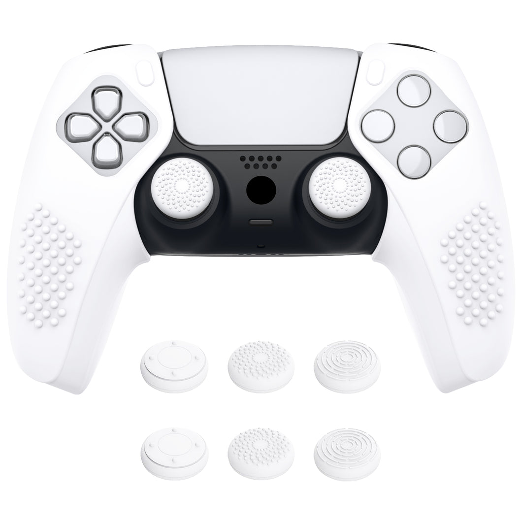 3D Studded Edition White Silicone Case Grips With 6 White Thumbstick Caps For PS5 Controller-Compatible With Charging Station-TDPF034