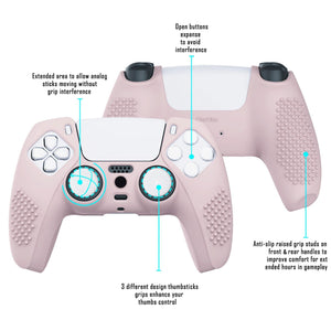 3D Studded Edition Cherry Blossoms Pink Silicone Case Skin With 6 White Thumb Grip Caps For PS5 Controller-TDPF005 - Extremerate Wholesale