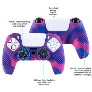 3D Studded Edition Pink & Purple & Blue Silicone Case Skin With 6 Black Thumb Grip Caps For PS5 Controller-TDPF021 - Extremerate Wholesale