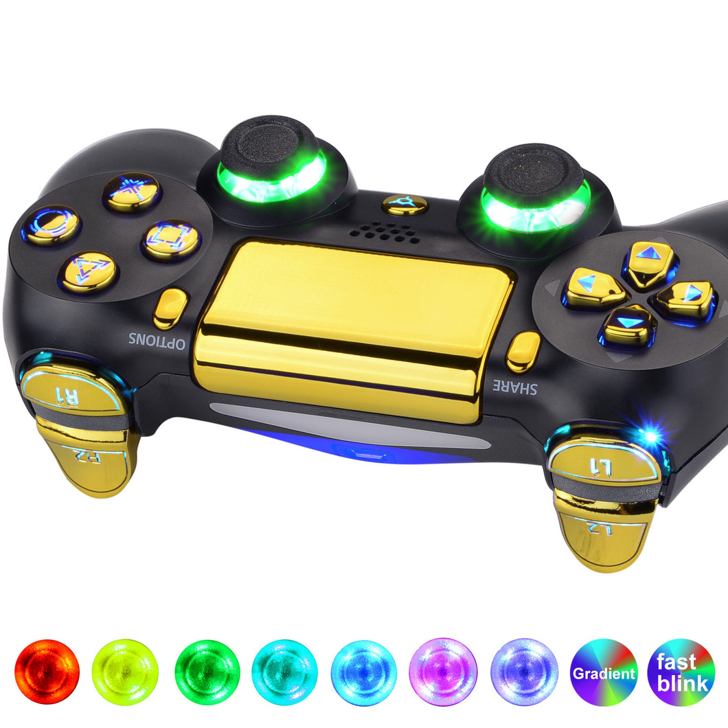 Multi-Colors Luminated D-pad Thumbstick Trigger Home Face Buttons Matte UV Chrome Gold Classical Symbols Buttons DTFS (DTF 2.0) LED Kit Compatible With PS4 Slim PS4 Pro Controller-P4LED06