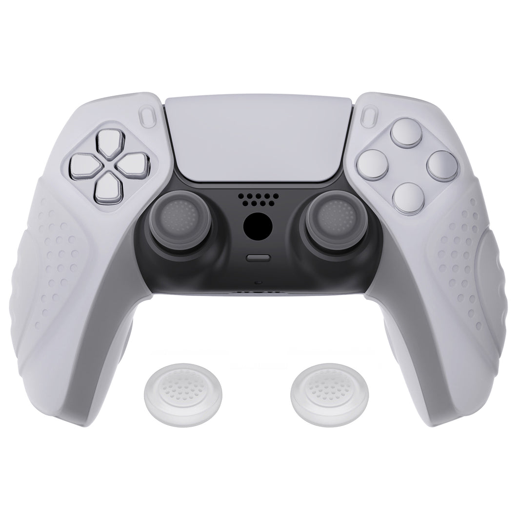 Guardian Edition Clear White Ergonomic Silicone Case Skin With White Joystick Caps For PS5 Controller-Compatible With Charging Station-YHPF018