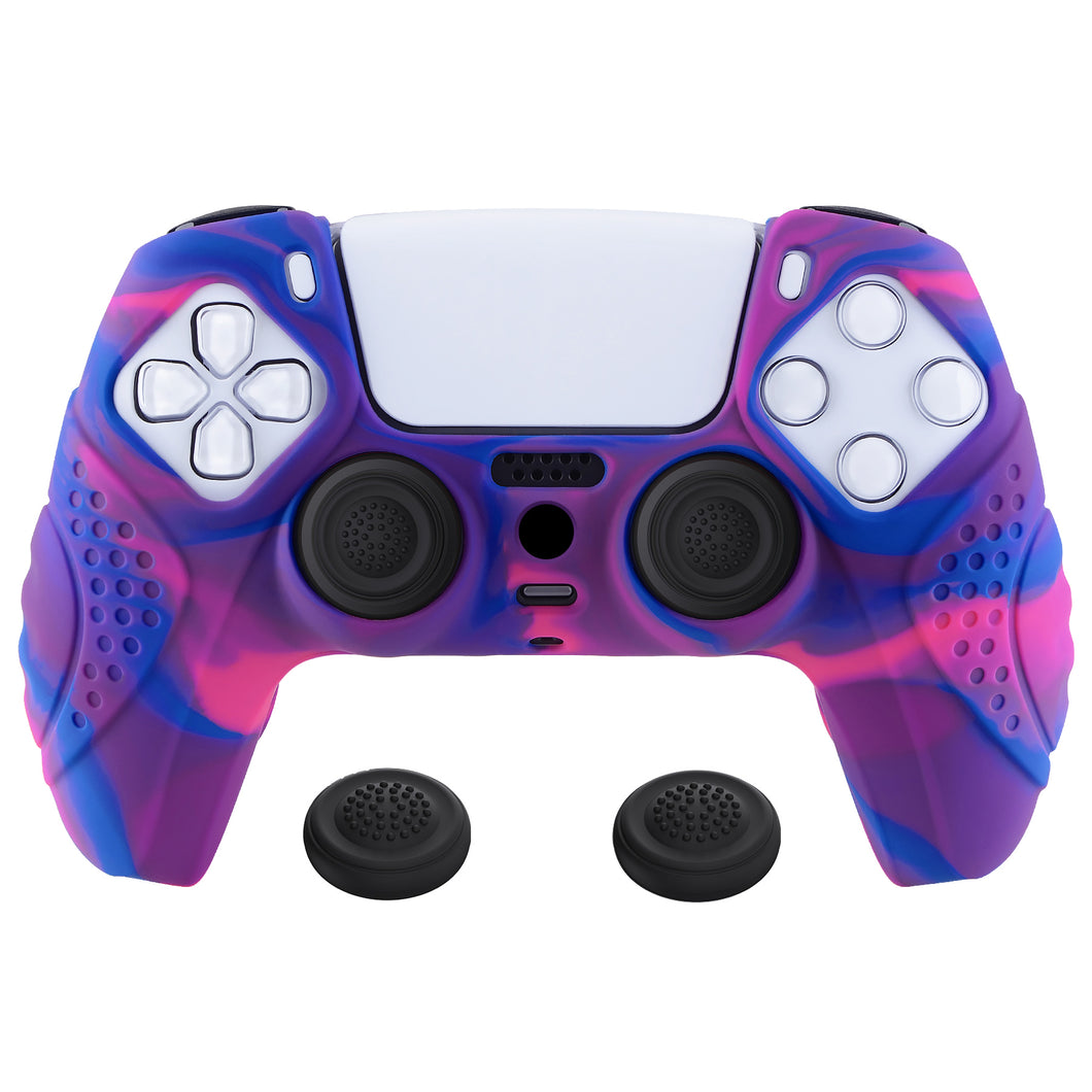 Guardian Edition Pink & Purple & Blue Ergonomic Silicone Case Skin With Black Joystick Caps For PS5 Controller-YHPF019