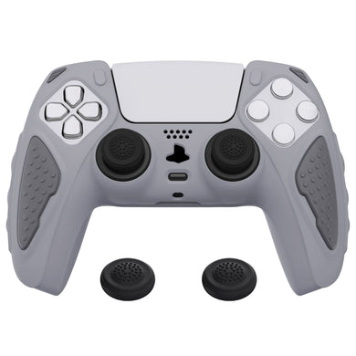 Knight Edition Metallic Gray & Dark Gray Ergonomic Silicone Case Skin With Black Joystick Caps For PS5 Controller-QSPF011 - Extremerate Wholesale