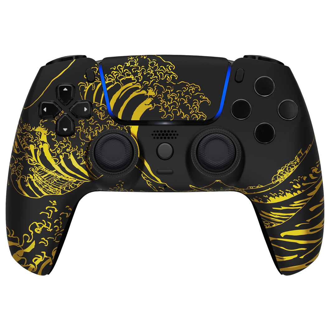 Luna Redesigned The Great GOLDEN Wave Off Kanagawa - Black Front Shell With Touchpad Compatible With PS5 Controller BDM-010 & BDM-020 & BDM-030 & BDM-040 - GHPFT014WS
