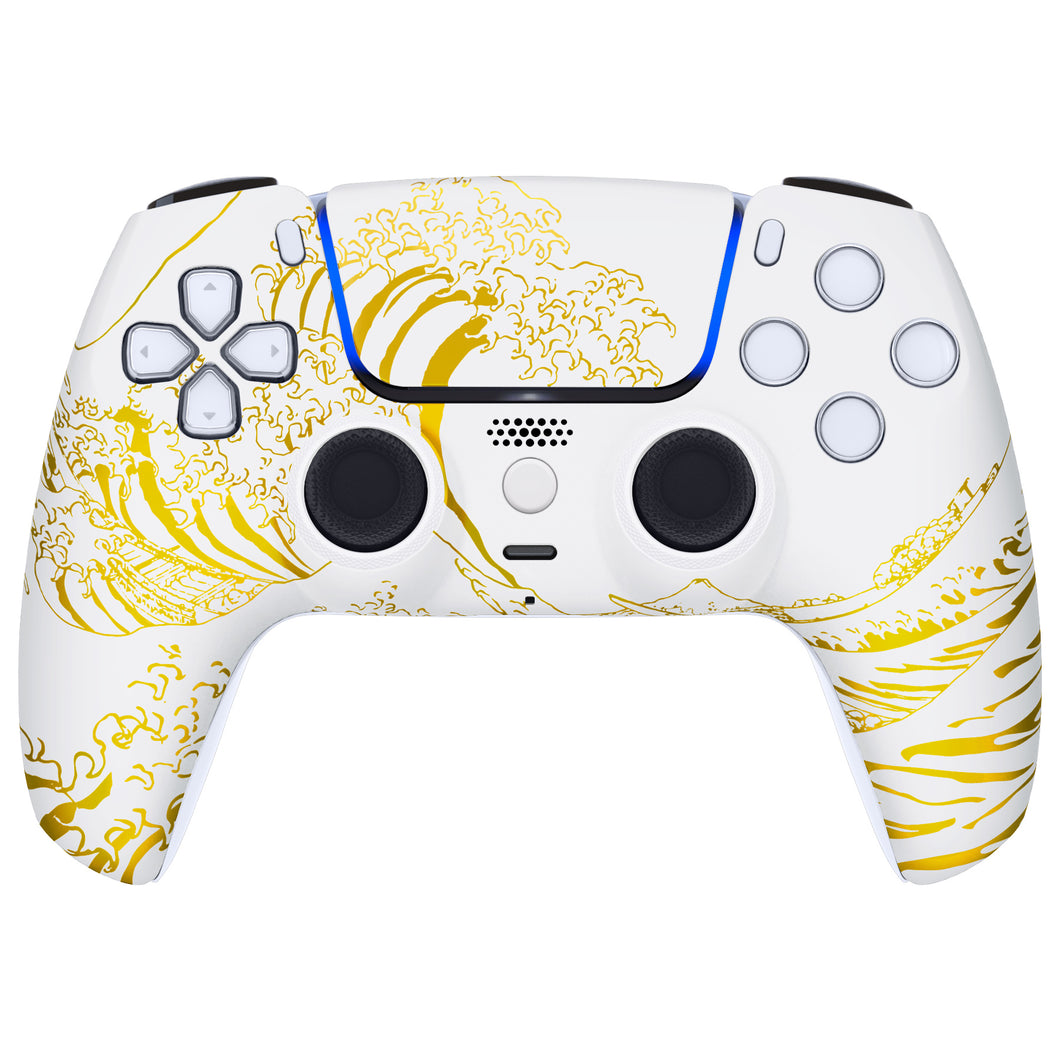Luna Redesigned The Great GOLDEN Wave Off Kanagawa - White Front Shell With Touchpad Compatible With PS5 Controller BDM-010 & BDM-020 & BDM-030 & BDM-040 - GHPFT015WS