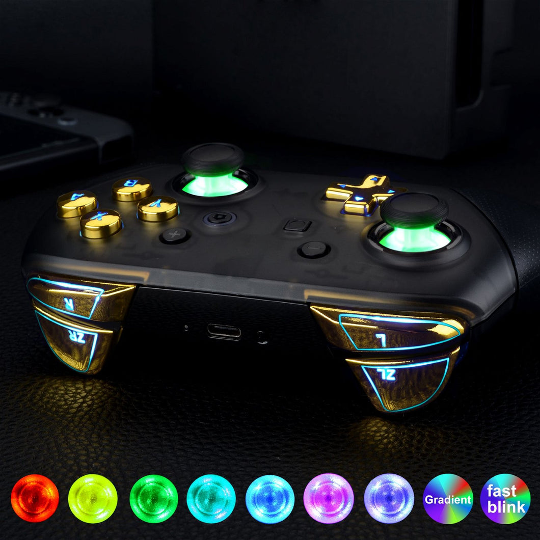 Multi-Colors Luminated Thumbsticks D-pad ABXY ZR ZL L R Glossy Chrome Gold Classic Symbol Buttons DTFS LED Kit For Nintendo Switch Pro Controller-9 Colors Modes 6 Areas DIY Option Button Control-NSLED021 - Extremerate Wholesale