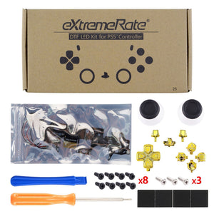 Multi-colors ILLuminated D-pad Thumbsticks Share Option Home Face Buttons, Glossy Chrome Gold Classical Symbols Buttons 7 Colors 9 Modes Touch Control DTF LED Kit Compatible With PS5 Controller BDM-010 & BDM-020 - PFLED07G2 - Extremerate Wholesale