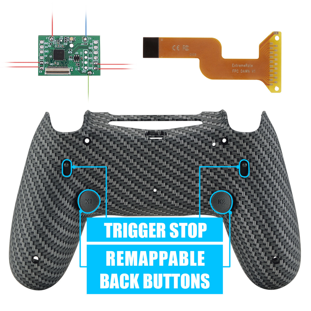 Carbon Fiber Designed Dawn 2.0 FlashShot Trigger Stop Remap Kit with Upgraded Kit + Redesigned Back Shell + Back Buttons + Trigger Lock Compatible With PS4 Controller JDM 040/050/055-P4QS010