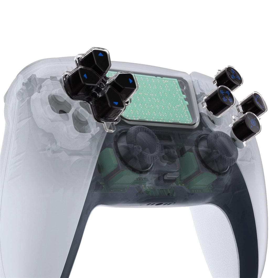 Replacement Custom Dpad Action Buttons Three-Tone Black & Clear With Blue Redesigned Symbols D-pad Face Buttons Compatible With PS5 Controller - JPFF004WS - Extremerate Wholesale