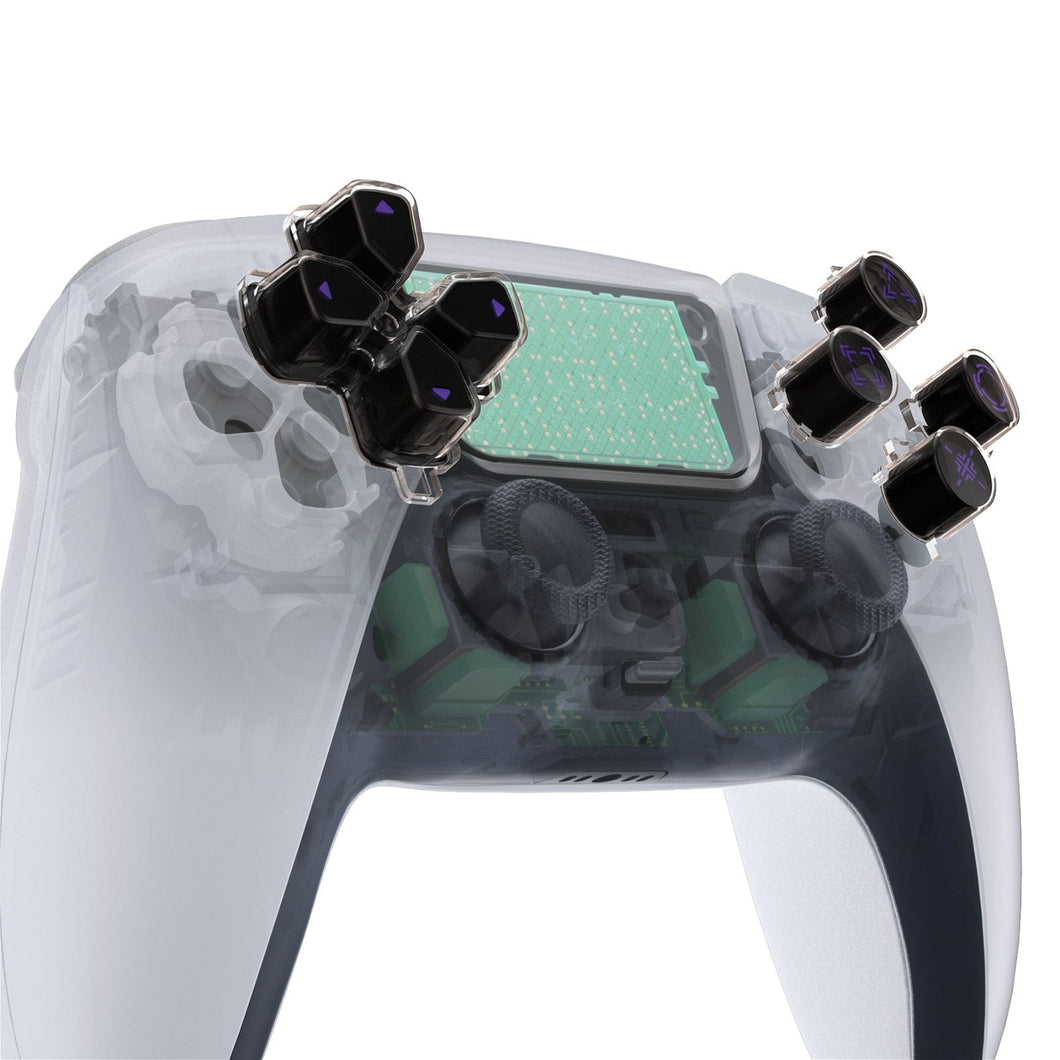 Replacement Custom Dpad Action Buttons Three-Tone Black & Clear With Purple Redesigned Symbols D-pad Face Buttons Compatible With PS5 Controller - JPFF006WS - Extremerate Wholesale