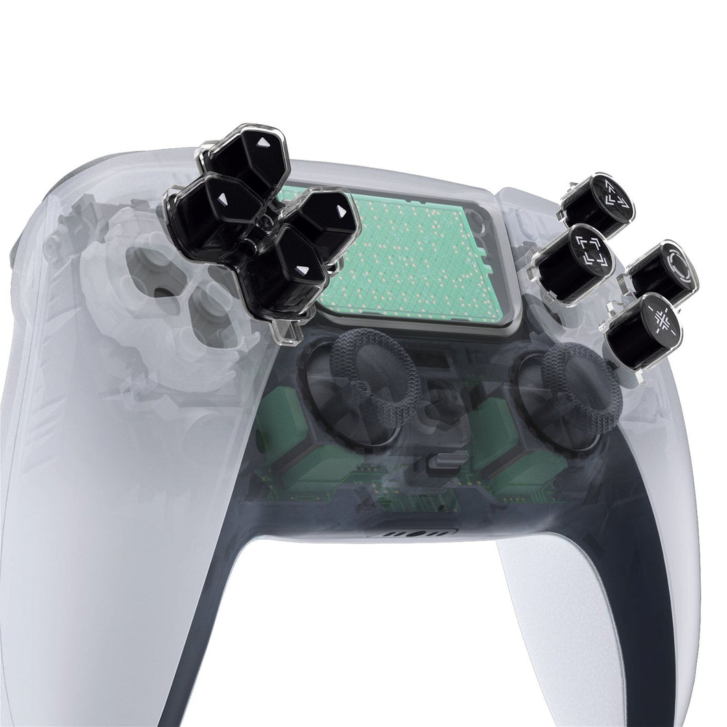 Replacement Custom Dpad Action Buttons Three-Tone Black & Clear With White Redesigned Symbols D-pad Face Buttons Compatible With PS5 Controller - JPFF001WS - Extremerate Wholesale