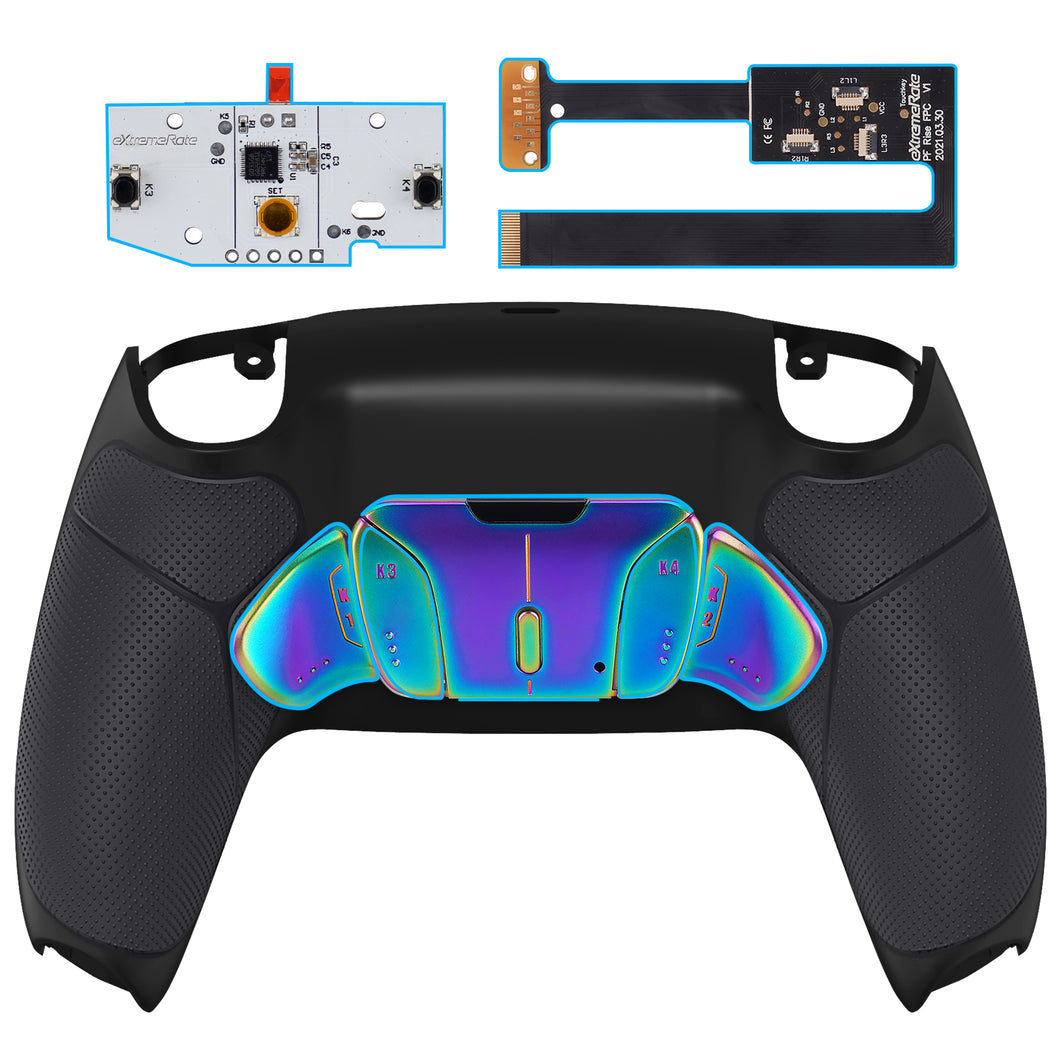 Rubberized Black - Rainbow Aura Blue & Purple Real Metal Buttons (RMB) Version Rise 4.0 Remap Kit Compatible With PS5 Controller BDM-010 & BDM-020 - YPFJ7011