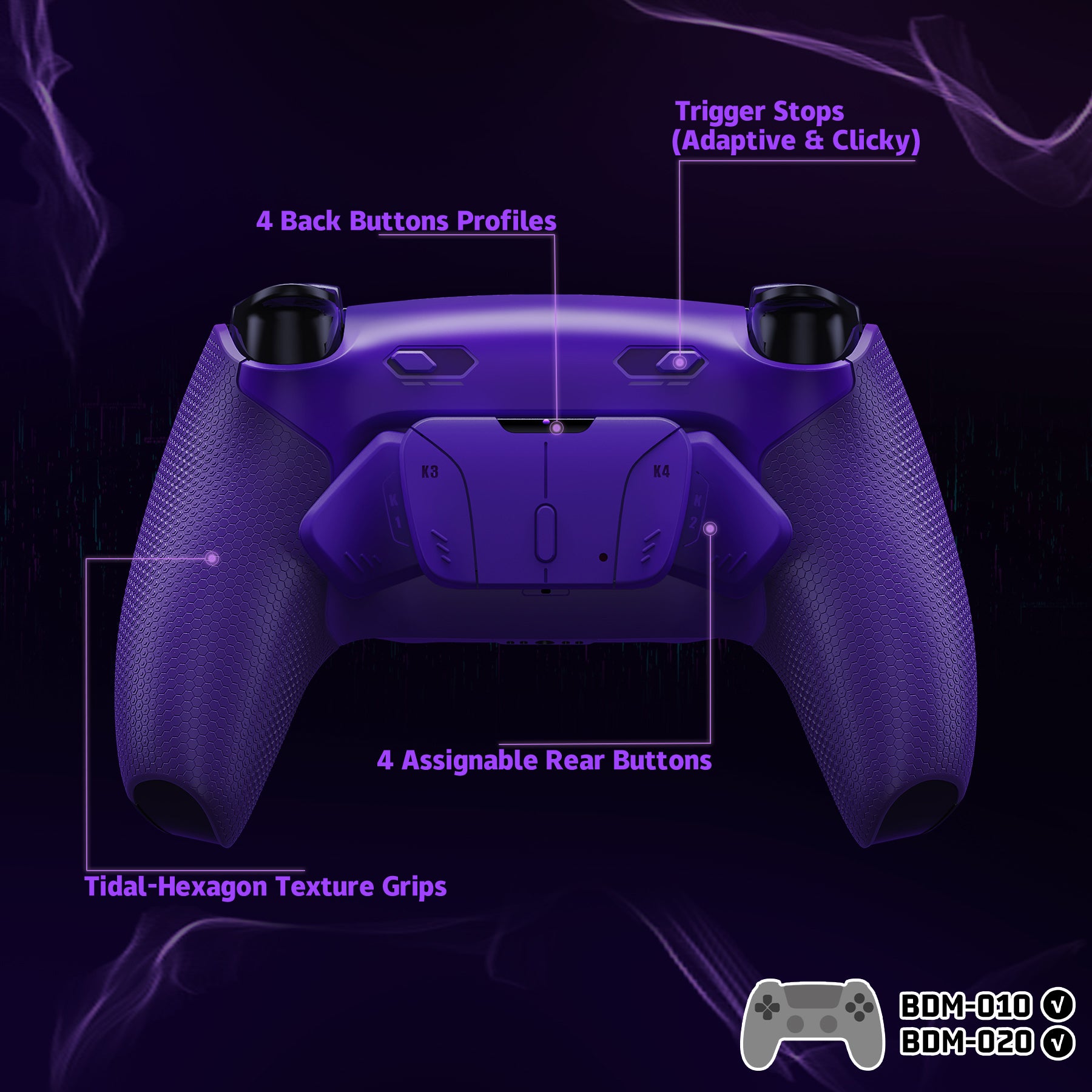 Purple w Rubberized deals Grip Ps5 Controller with 4 remappable paddles (Scuf Like)