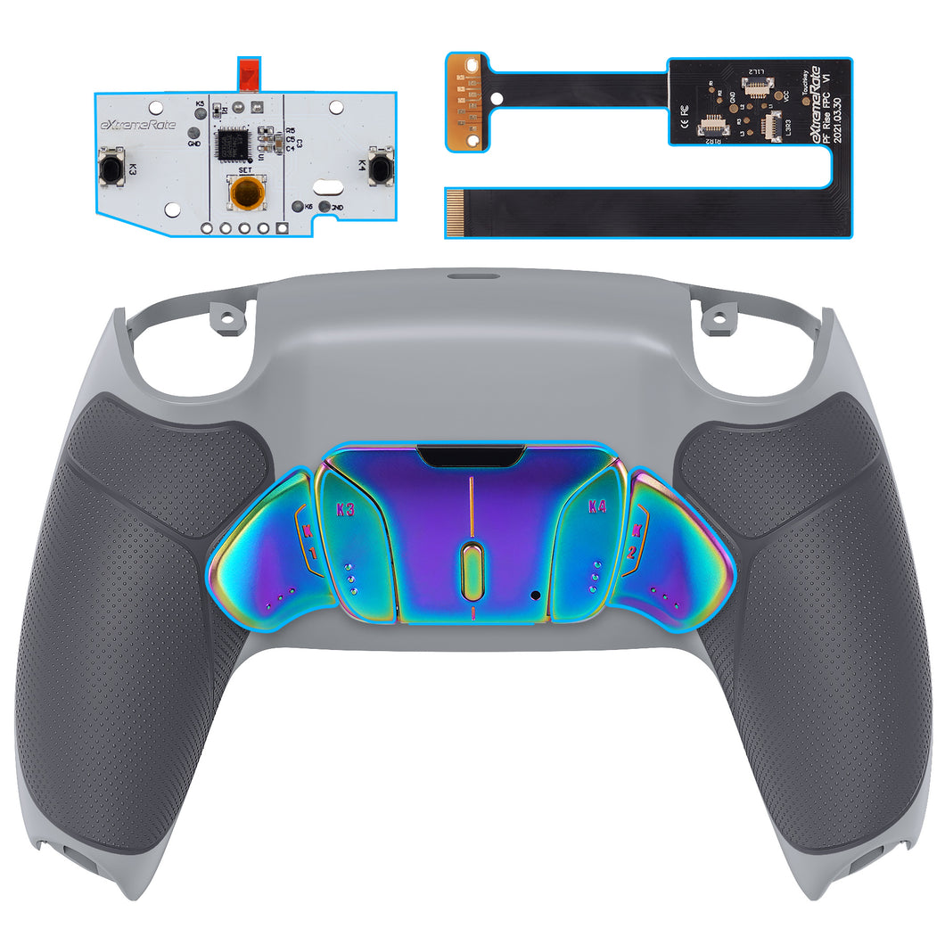 Rubberized New Hope Gray & Classic Gray - Rainbow Aura Blue & Purple Real Metal Buttons (RMB) Version Rise 4.0 Remap Kit Compatible With PS5 Controller BDM-010 & BDM-020 - YPFJ7013