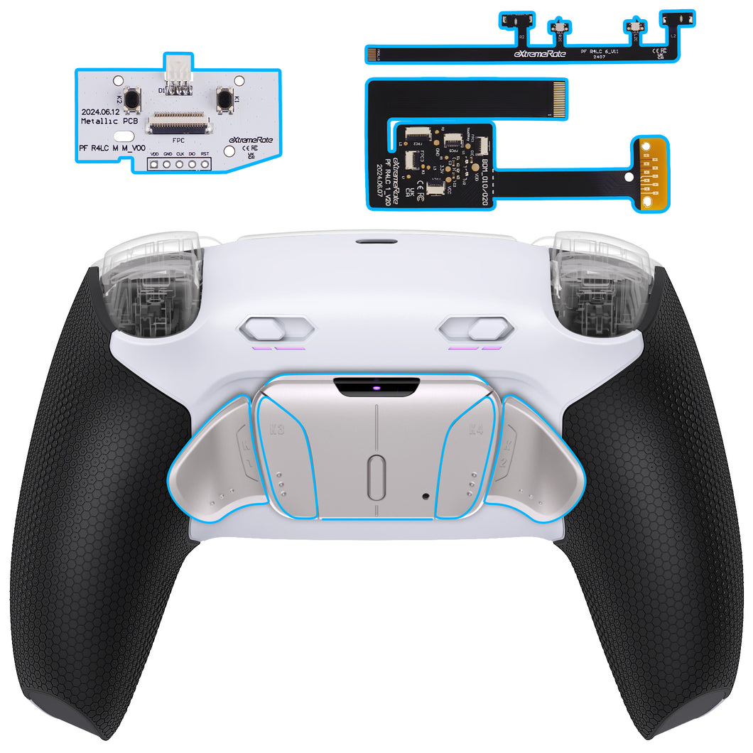 eXtremeRate Rubberized White Black - Silver Real Metal Back Buttons (RMB) Version Remappable RISE4 Plus MAX Back Paddles Kit with Clicky Trigger Stops & Rubberized Grip for PS5 Controller BDM-010/020 - HKCPFJ003