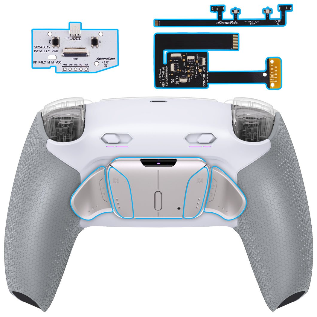 eXtremeRate Rubberized White Gray - Silver Real Metal Back Buttons (RMB) Version Remappable RISE4 Plus MAX Back Paddles Kit with Clicky Trigger Stops & Rubberized Grip for PS5 Controller BDM-010/020 - HKCPFJ002