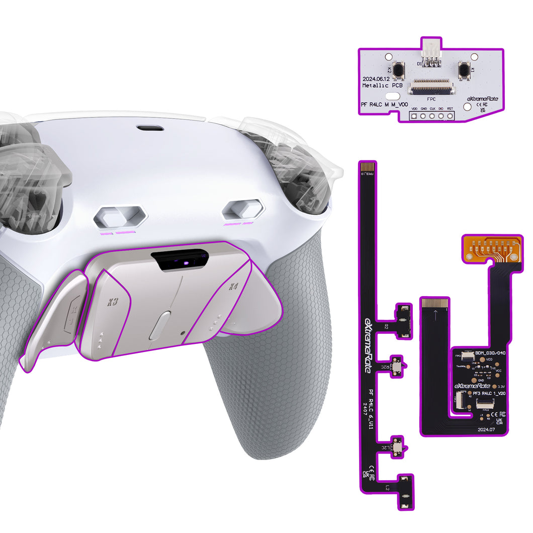 eXtremeRate Rubberized White Gray - Silver Real Metal Back Buttons (RMB) Version Remappable RISE4 Plus MAX Back Paddles Kit with Clicky Trigger Stops & Rubberized Grip for PS5 Controller BDM-030/040/050 - HKCPFJ002M2