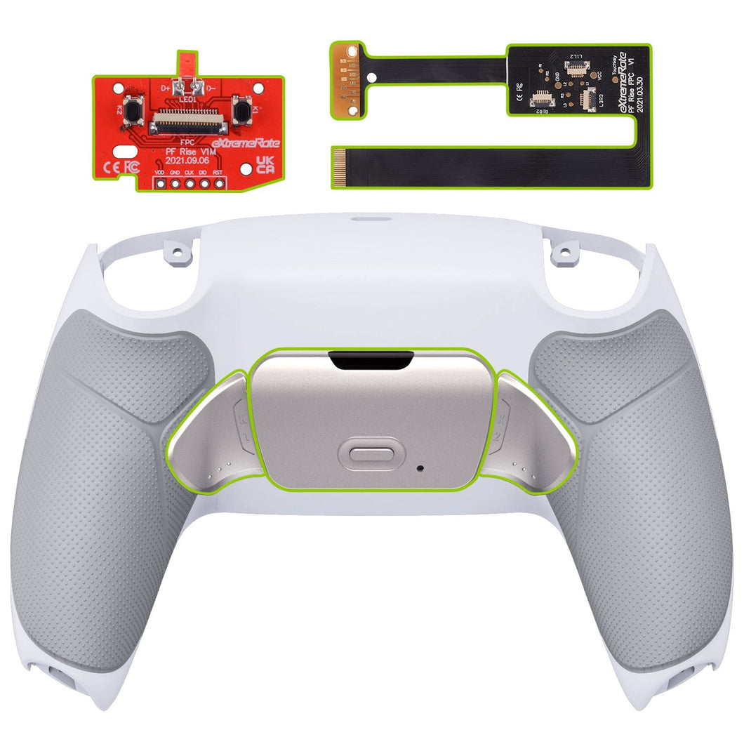 Silver Real Metal Buttons (RMB) Version Rise 2.0 Remap Kit With Upgraded Board + White Rubberized Grip Back Shell + Remappable Back Buttons Compatible With PS5 Controller BDM-010 & BDM-020 - XPFJ7006 - Extremerate Wholesale