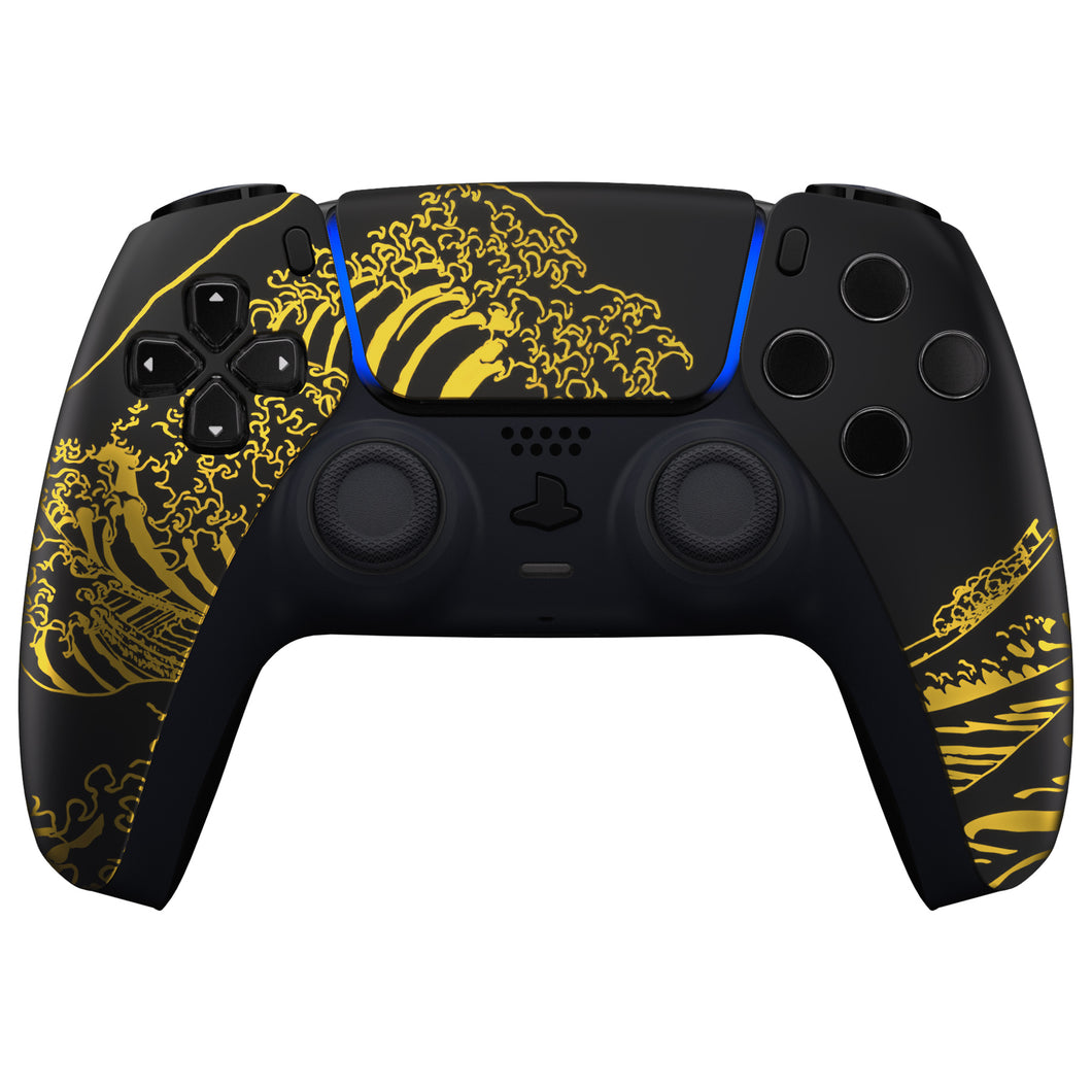 The Great GOLDEN Wave Off Kanagawa - Black Front Shell With Touchpad Compatible With PS5 Controller BDM-010 & BDM-020 & BDM-030 & BDM-040 - ZPFT1094G3WS - Extremerate Wholesale