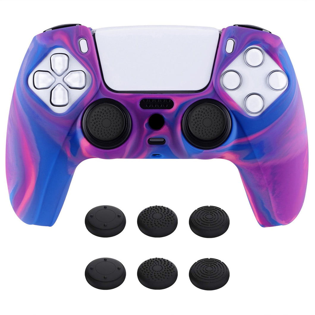 Tri-color Pink & Purple & Blue Camouflage Anti-slip Silicone Cover Skin With Black Thumb Grip Caps For PS5 Controller-KOPF015