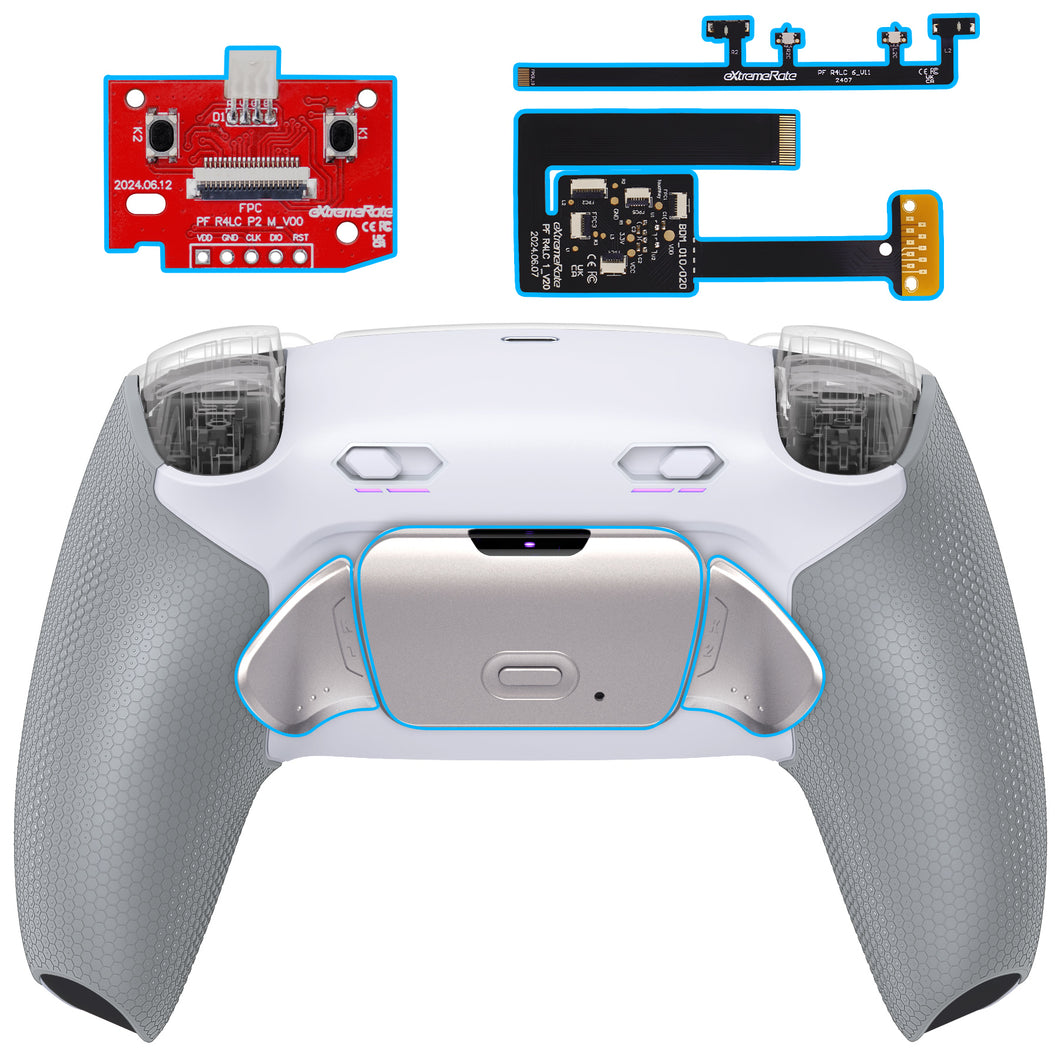 eXtremeRate Rubberized White Gray - Silver Real Metal Back Buttons (RMB) Version Remappable RISE Plus MAX Back Paddles Kit with Clicky Trigger Stops & Rubberized Grip for PS5 Controller BDM-010/020 - GQTPFJ002