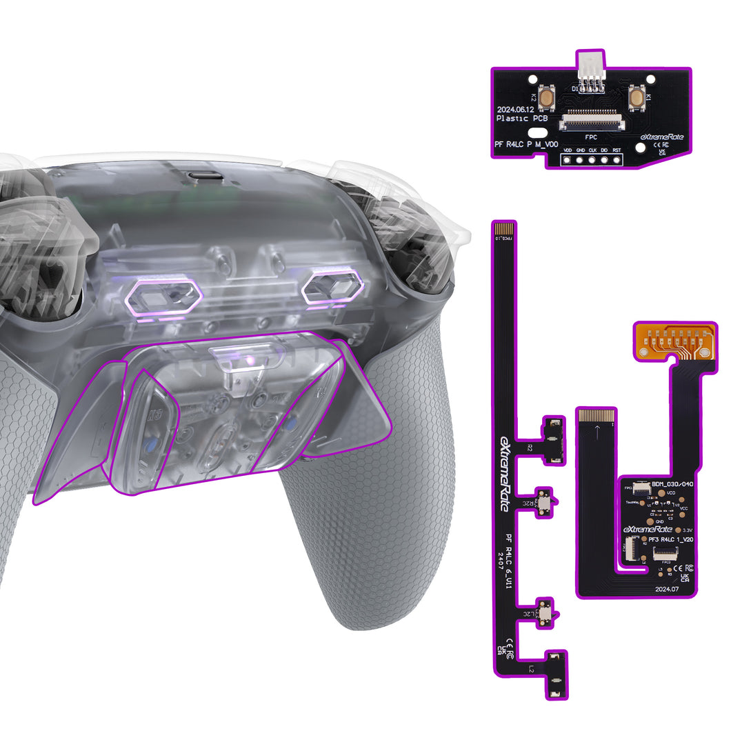 eXtremeRate Rubberized Clear & Gray Remappable RISE4 Plus MAX Back Paddles Kit with Clicky Trigger Stops & Rubberized Grip for PS5 Controller BDM-030/040/050 - HKCPFM007M2