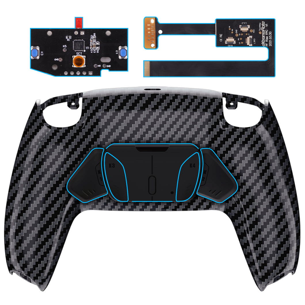 Glossy Graphite Carbon Fiber Rise4 Remap Kit With Upgrade Board + Redesigned Back Shell + 4 Back Buttons Compatible With PS5 Controller BDM-010 & BDM-020 - YPFS2002