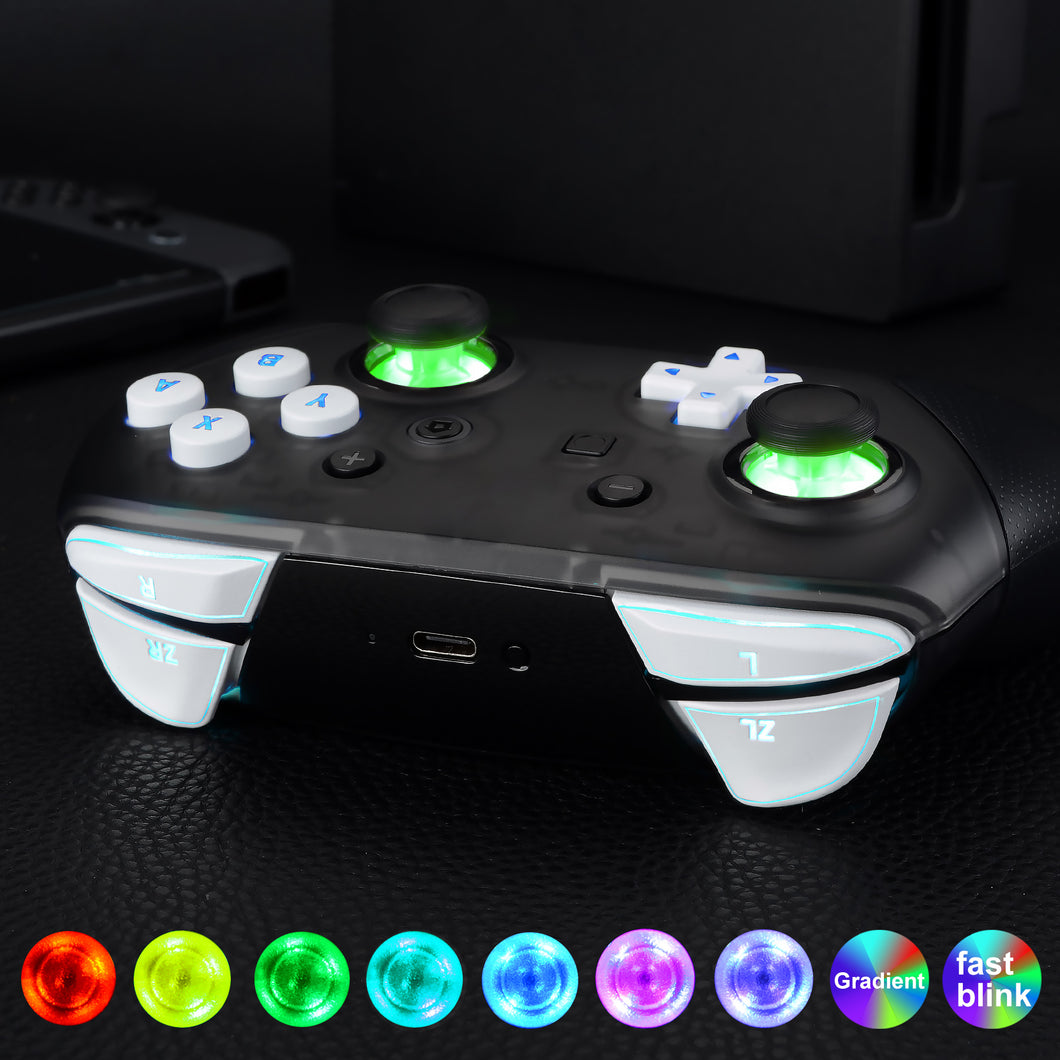 Multi-Colors Luminated Thumbsticks D-pad ABXY ZR ZL L R Matte UV White Classic Symbol Buttons DTFS LED Kit For Nintendo Switch Pro Controller-9 Colors Modes 6 Areas DIY Option Button Control-NSLED017