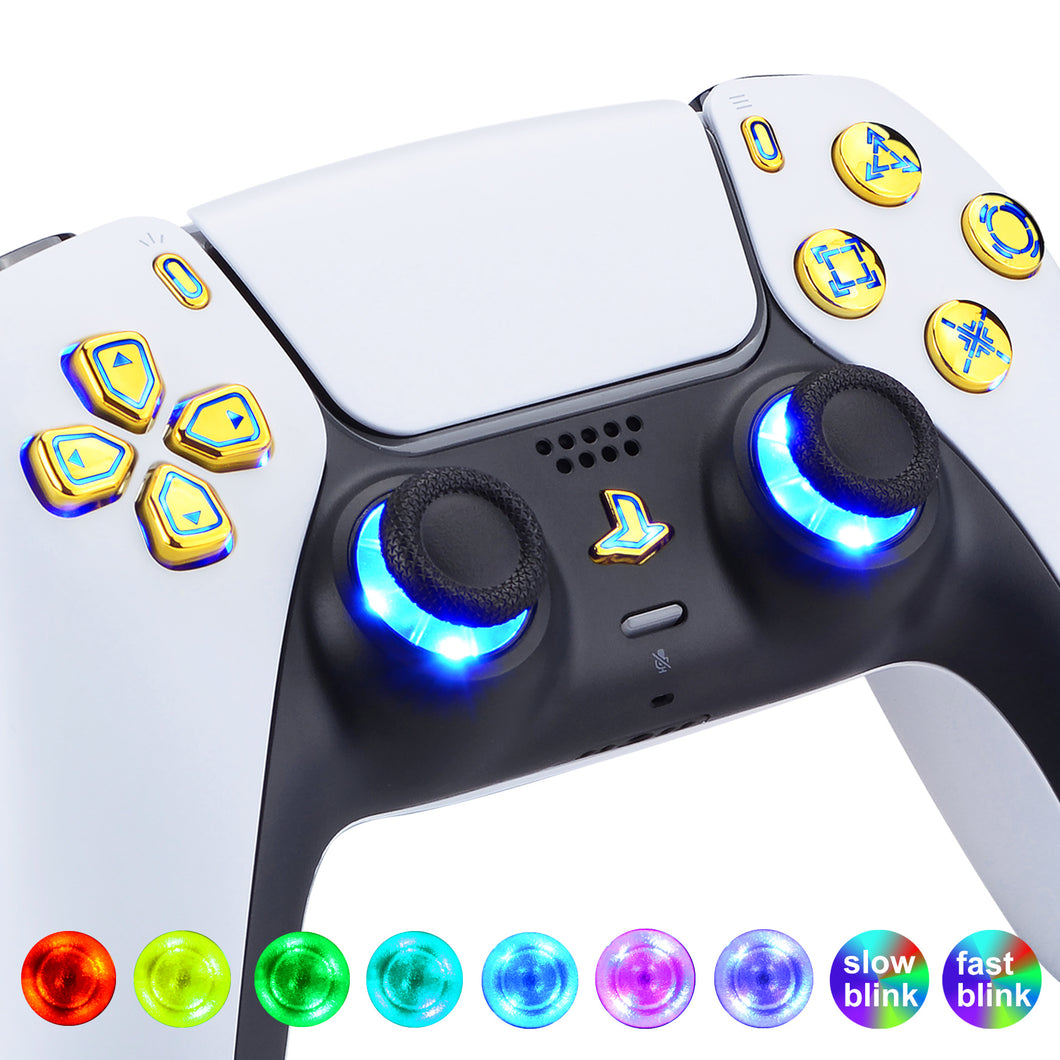 Multi-colors ILLuminated D-pad Thumbsticks Share Option Home Face Buttons, Glossy Chrome Gold Classical Symbols Buttons 7 Colors 9 Modes Touch Control DTF LED Kit Compatible With PS5 Controller BDM-010 & BDM-020 - PFLED07G2