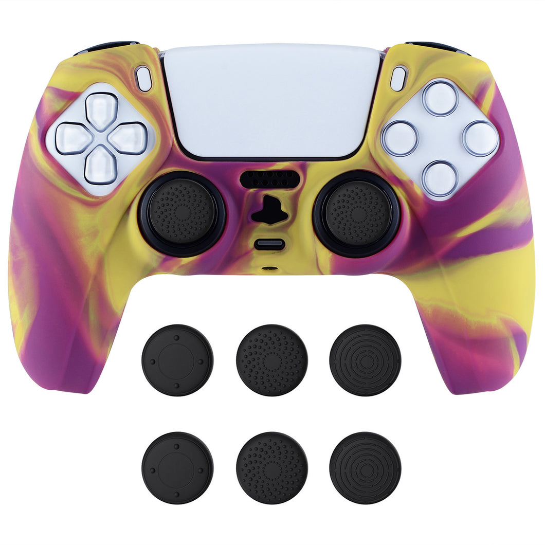Two Tone Purple & Yellow Camouflage Anti-slip Silicone Cover Skin With Black Thumb Grip Caps For PS5 Controller-KOPF013