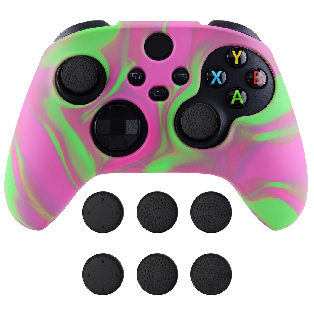 Two Tone Pink & Green Camouflage Anti-slip Silicone Cover Skin With Black Thumb Grip Caps For Xbox Series X/S Controller-BLX3014