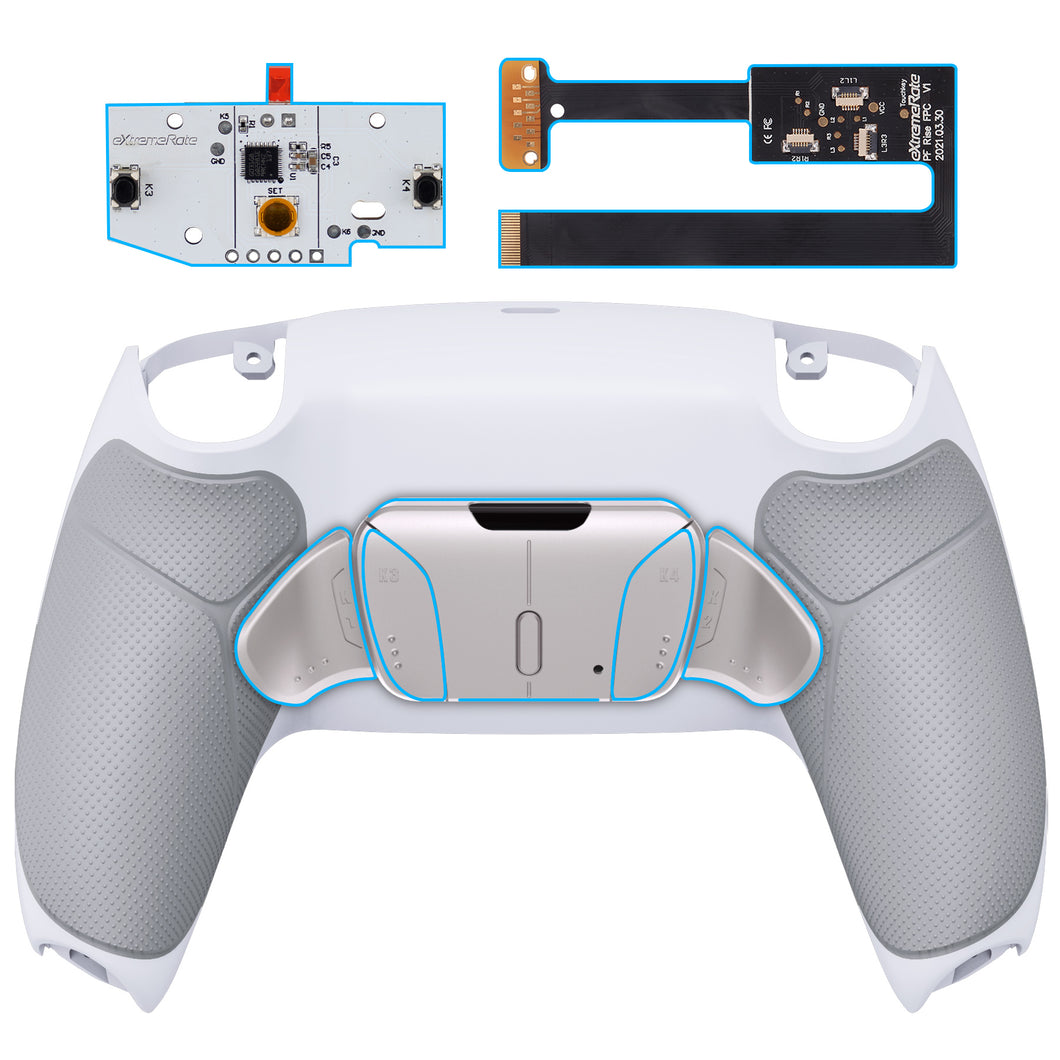 Silver Real Metal Buttons (RMB) Version Rise 4.0 Remap Kit With Upgraded Board + White Rubberized Grip Back Shell +  Remappable Back Buttons Compatible With PS5 Controller BDM-010 & BDM-020 - YPFJ7009